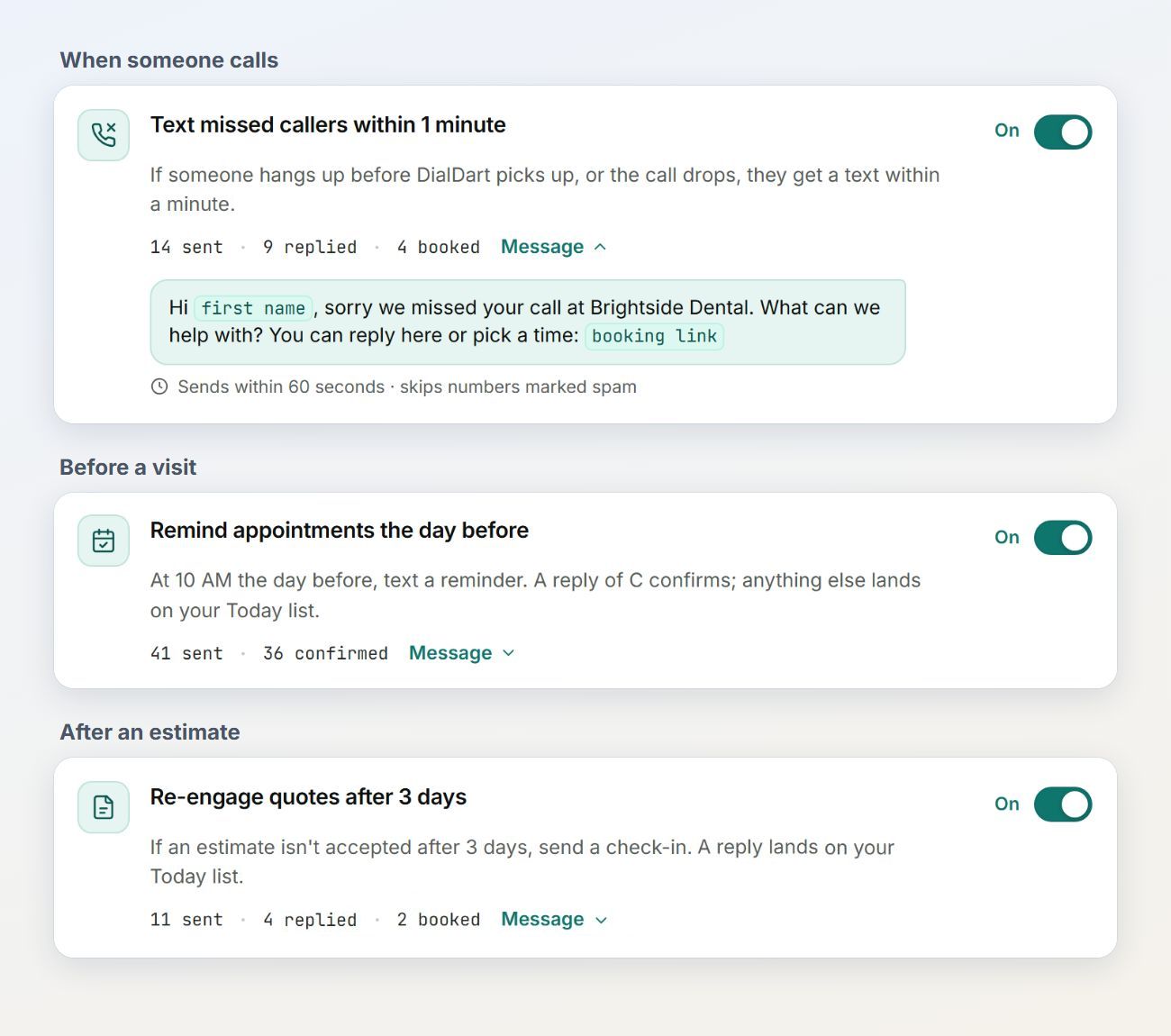 Three autopilot follow-ups, each switched on: text missed callers within a minute, remind appointments the day before, and check in on quotes after three days.
