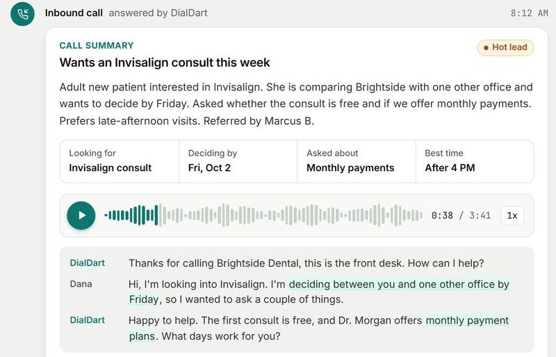 A customer record in Bullseye: the call summary says she wants an Invisalign consult this week and is deciding by Friday, with the call recording underneath.